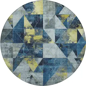 Photo of 8' Navy Blue And Yellow Round Geometric Washable Indoor Outdoor Area Rug