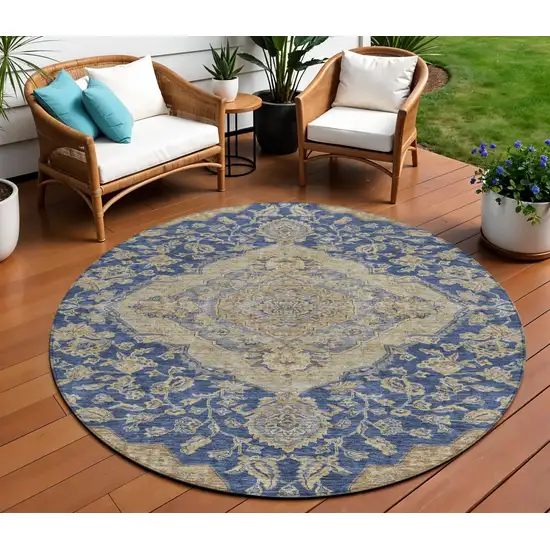 8' Navy Blue Beige And Brown Round Oriental Washable Indoor Outdoor Area Rug Photo 1