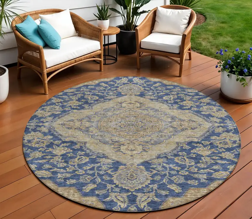 8' Navy Blue Beige And Brown Round Oriental Washable Indoor Outdoor Area Rug Photo 1