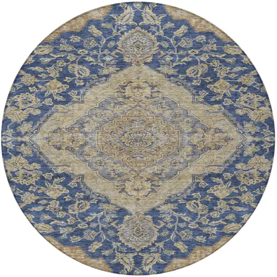 8' Navy Blue Beige And Brown Round Oriental Washable Indoor Outdoor Area Rug Photo 6