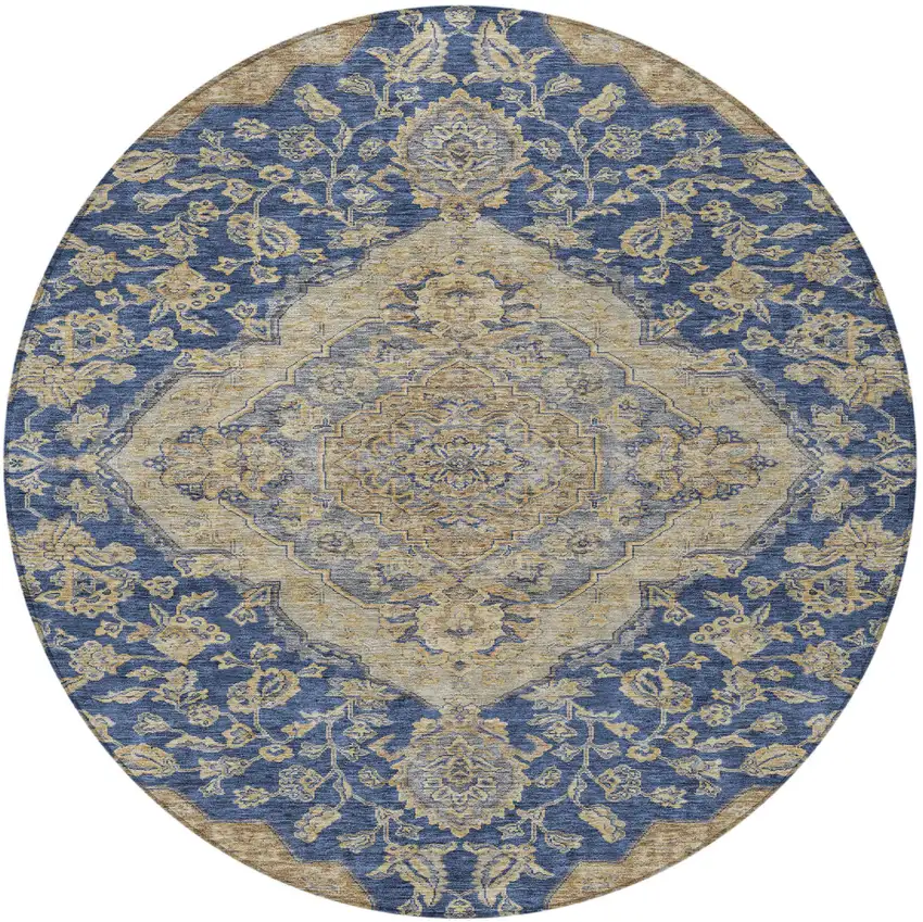 8' Navy Blue Beige And Brown Round Oriental Washable Indoor Outdoor Area Rug Photo 6