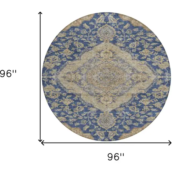 8' Navy Blue Beige And Brown Round Oriental Washable Indoor Outdoor Area Rug Photo 9