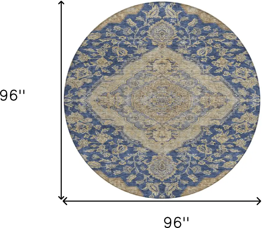 8' Navy Blue Beige And Brown Round Oriental Washable Indoor Outdoor Area Rug Photo 9