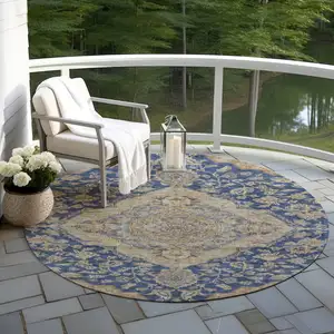 Photo of 8' Navy Blue Beige And Brown Round Oriental Washable Indoor Outdoor Area Rug