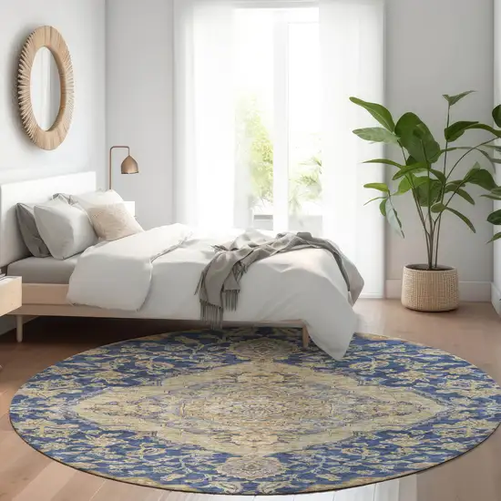 8' Navy Blue Beige And Brown Round Oriental Washable Indoor Outdoor Area Rug Photo 8