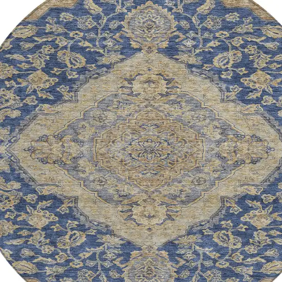 8' Navy Blue Beige And Brown Round Oriental Washable Indoor Outdoor Area Rug Photo 5