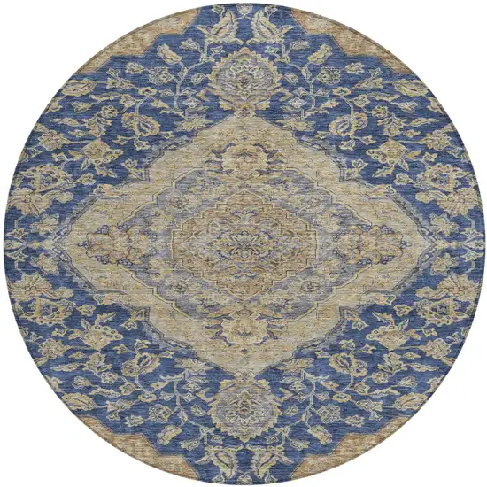 8' Navy Blue Beige And Brown Round Oriental Washable Indoor Outdoor Area Rug Photo 2