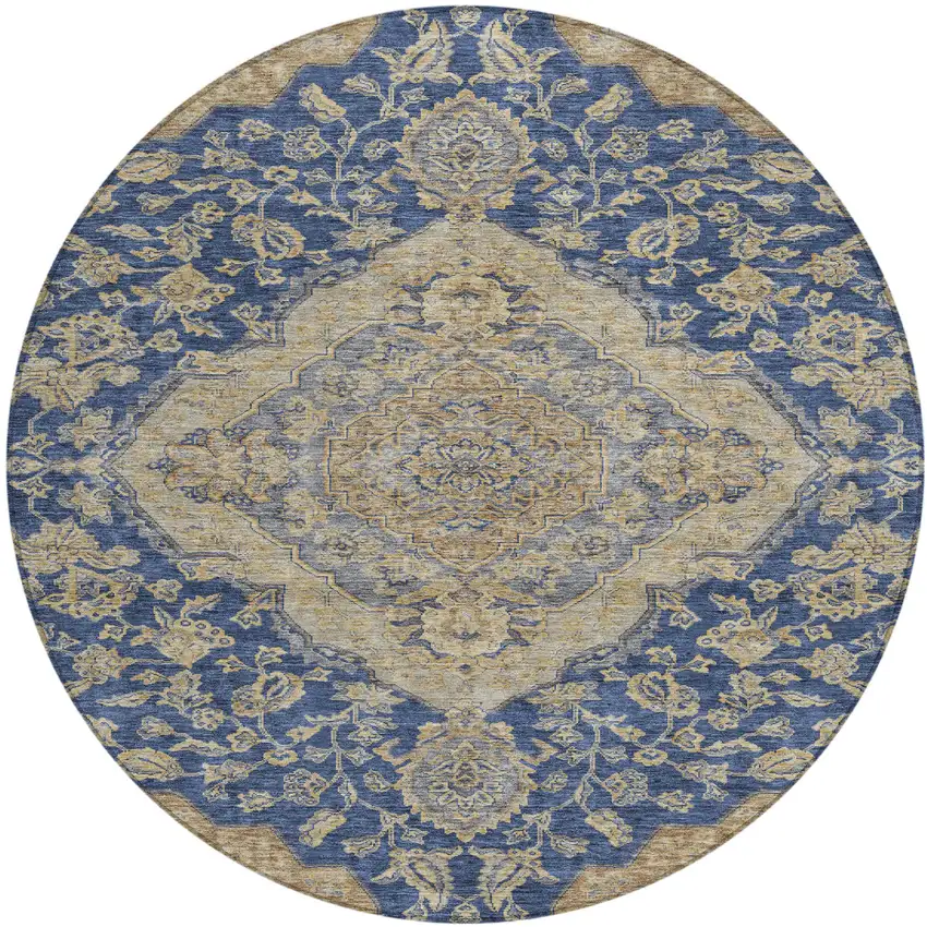 8' Navy Blue Beige And Brown Round Oriental Washable Indoor Outdoor Area Rug Photo 2