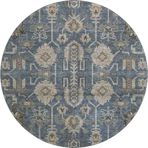 Photo of 8' Navy Blue Beige And Charcoal Oriental Washable Round Rug With UV Protection