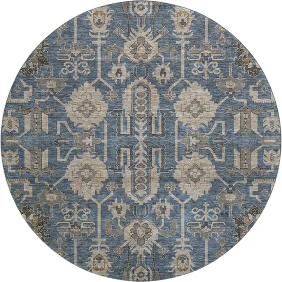 8' Navy Blue Beige And Charcoal Oriental Washable Round Rug With UV Protection Photo 1