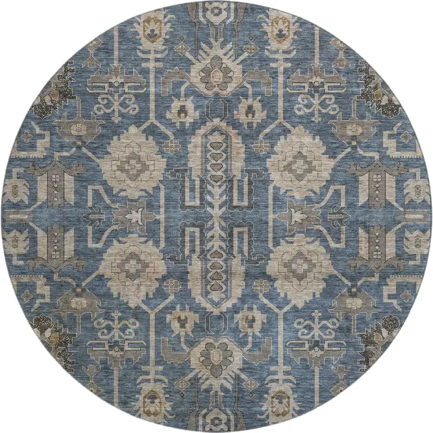8' Navy Blue Beige And Charcoal Oriental Washable Round Rug With UV Protection Photo 1