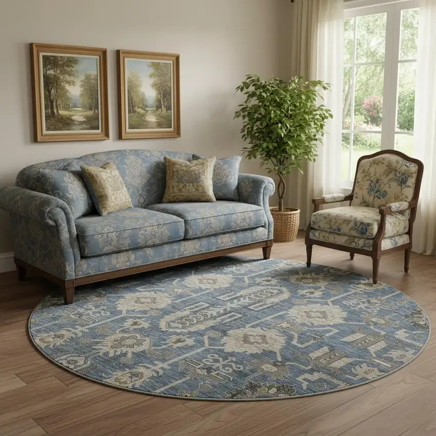 8' Navy Blue Beige And Charcoal Oriental Washable Round Rug With UV Protection Photo 1