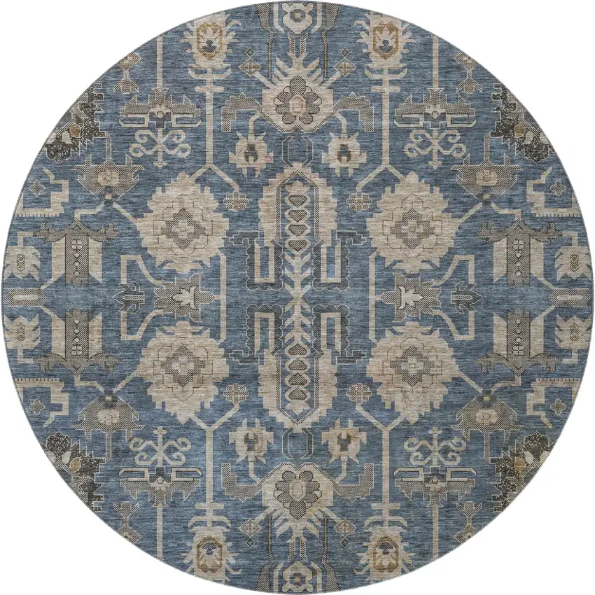 8' Navy Blue Beige And Charcoal Oriental Washable Round Rug With UV Protection Photo 3
