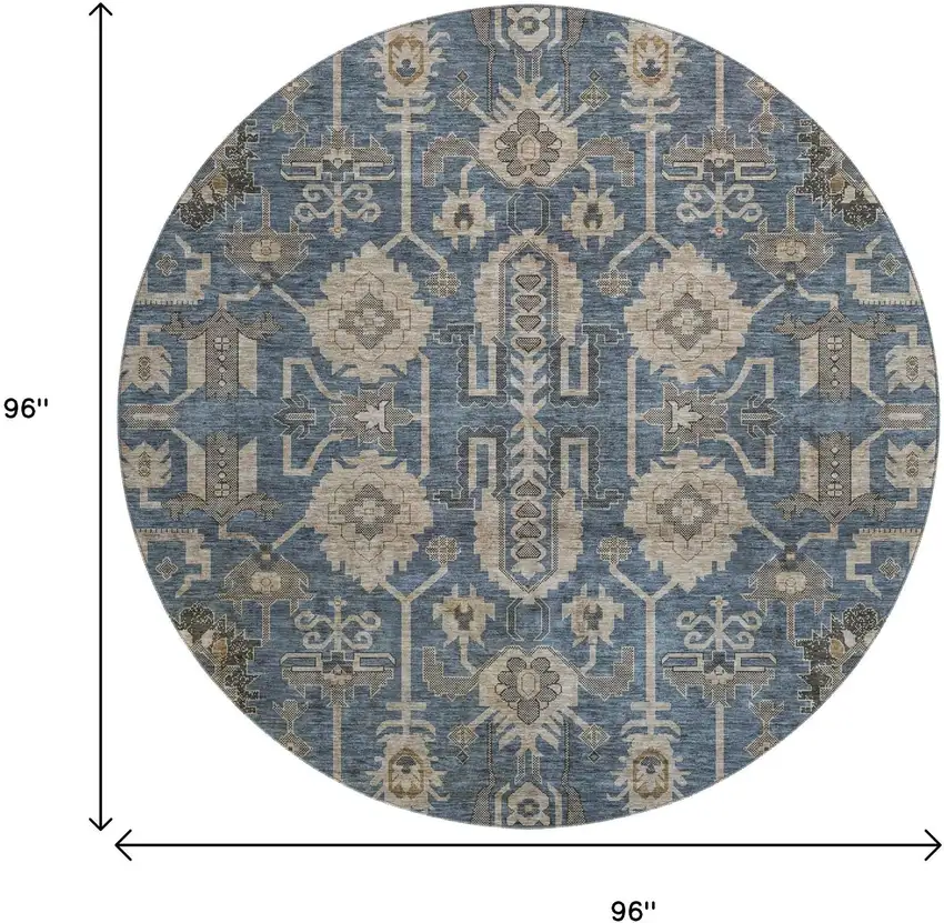 8' Navy Blue Beige And Charcoal Oriental Washable Round Rug With UV Protection Photo 6