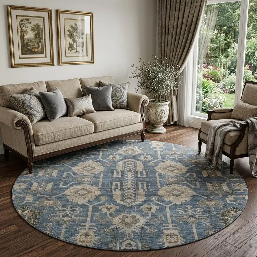 8' Navy Blue Beige And Charcoal Oriental Washable Round Rug With UV Protection Photo 1