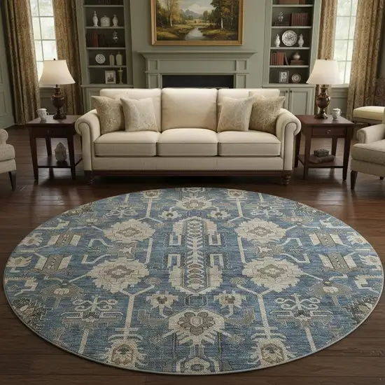 8' Navy Blue Beige And Charcoal Oriental Washable Round Rug With UV Protection Photo 2