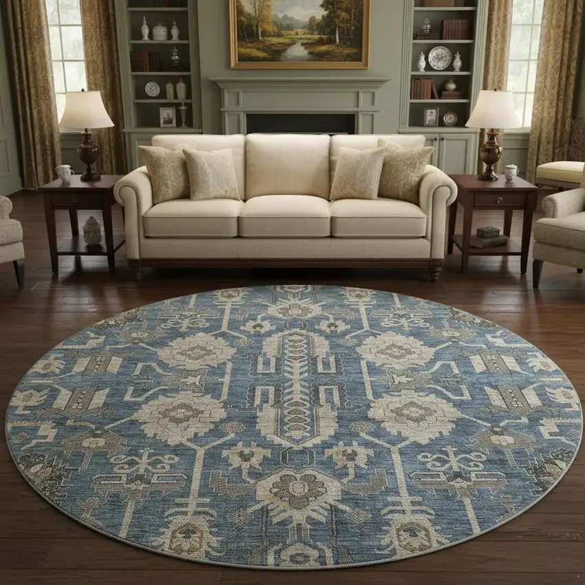 8' Navy Blue Beige And Charcoal Oriental Washable Round Rug With UV Protection Photo 2