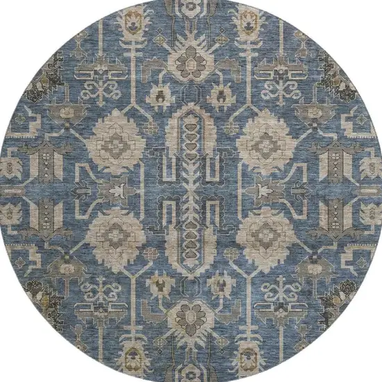 8' Navy Blue Beige And Charcoal Oriental Washable Round Rug With UV Protection Photo 4