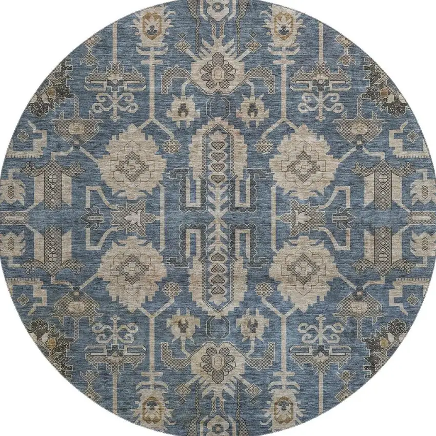 8' Navy Blue Beige And Charcoal Oriental Washable Round Rug With UV Protection Photo 4