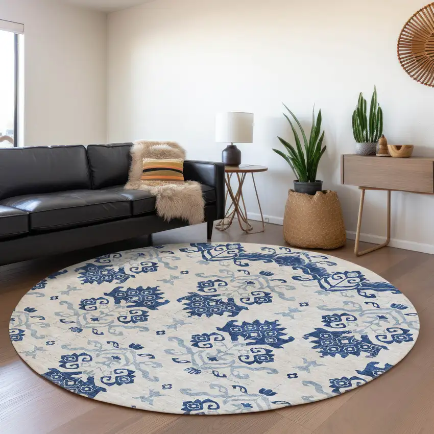 8' Navy Blue Beige And Denim Blue Round Oriental Washable Indoor Outdoor Area Rug Photo 6