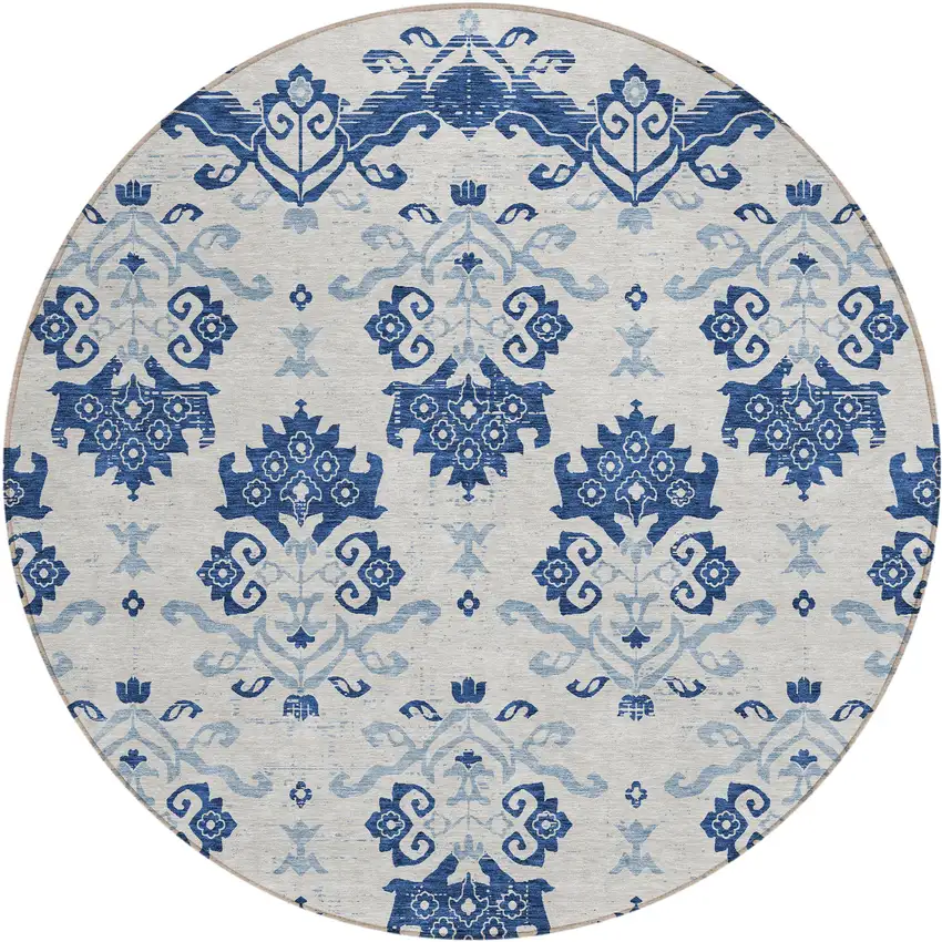 8' Navy Blue Beige And Denim Blue Round Oriental Washable Indoor Outdoor Area Rug Photo 2