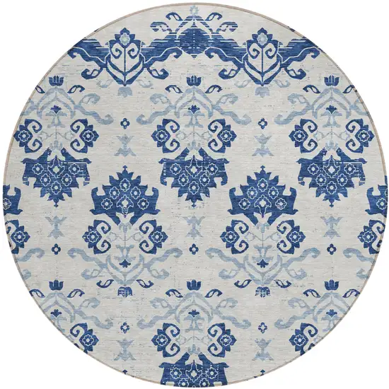 8' Navy Blue Beige And Denim Blue Round Oriental Washable Indoor Outdoor Area Rug Photo 2