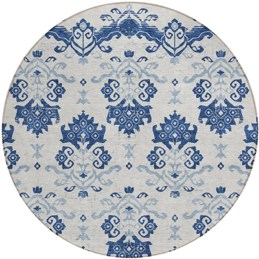 8' Navy Blue Beige And Denim Blue Round Oriental Washable Indoor Outdoor Area Rug Photo 2