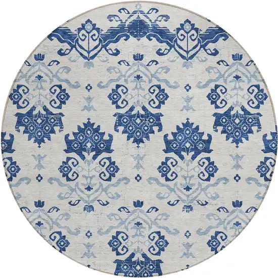 8' Navy Blue Beige And Denim Blue Round Oriental Washable Indoor Outdoor Area Rug Photo 2