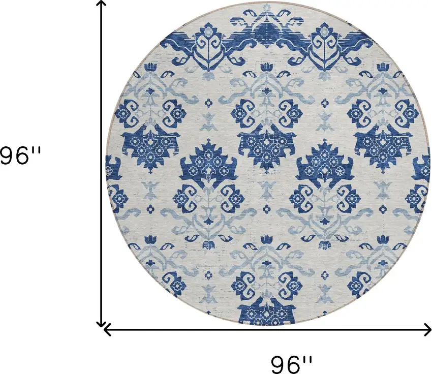 8' Navy Blue Beige And Denim Blue Round Oriental Washable Indoor Outdoor Area Rug Photo 7