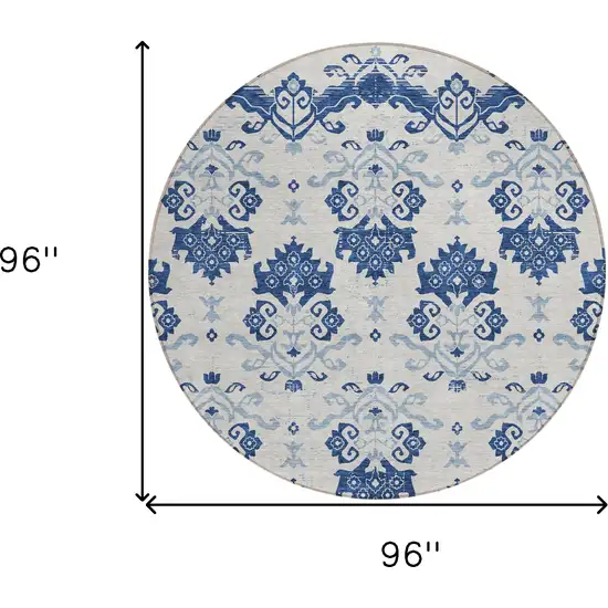 8' Navy Blue Beige And Denim Blue Round Oriental Washable Indoor Outdoor Area Rug Photo 7