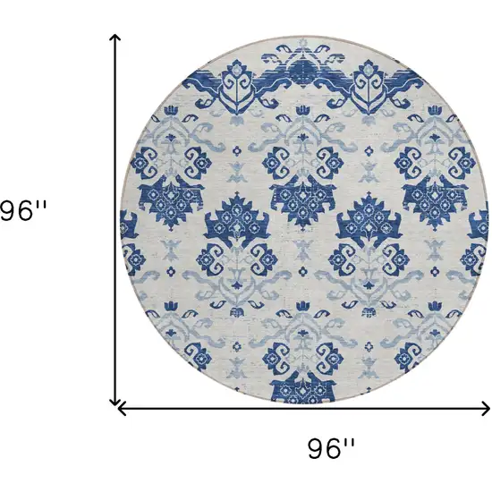 8' Navy Blue Beige And Denim Blue Round Oriental Washable Indoor Outdoor Area Rug Photo 7