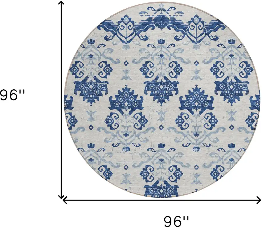 8' Navy Blue Beige And Denim Blue Round Oriental Washable Indoor Outdoor Area Rug Photo 7