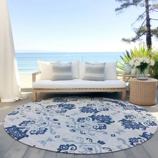 8' Navy Blue Beige And Denim Blue Round Oriental Washable Indoor Outdoor Area Rug Photo 5