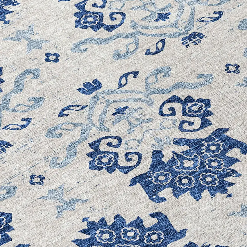 8' Navy Blue Beige And Denim Blue Round Oriental Washable Indoor Outdoor Area Rug Photo 8