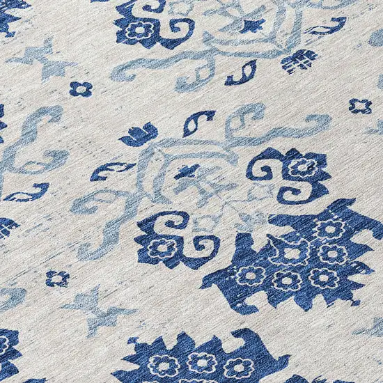 8' Navy Blue Beige And Denim Blue Round Oriental Washable Indoor Outdoor Area Rug Photo 8