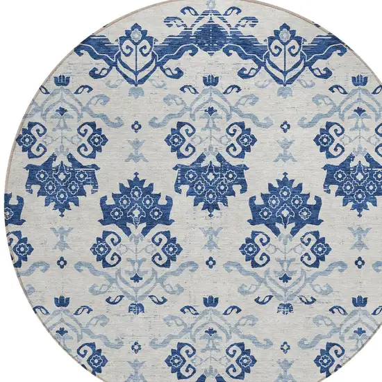 8' Navy Blue Beige And Denim Blue Round Oriental Washable Indoor Outdoor Area Rug Photo 4