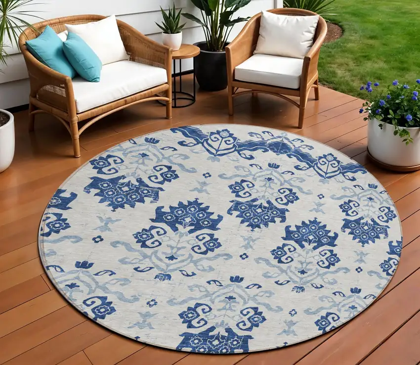 8' Navy Blue Beige And Denim Blue Round Oriental Washable Indoor Outdoor Area Rug Photo 1