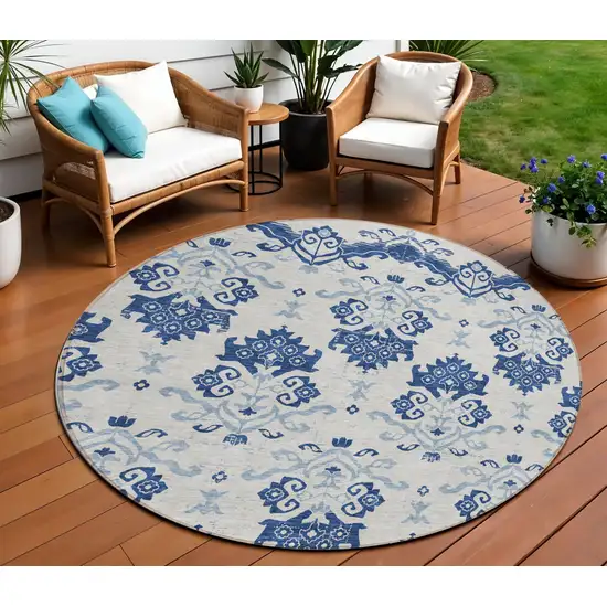 8' Navy Blue Beige And Denim Blue Round Oriental Washable Indoor Outdoor Area Rug Photo 1