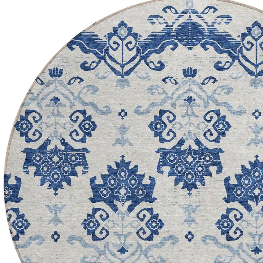 8' Navy Blue Beige And Denim Blue Round Oriental Washable Indoor Outdoor Area Rug Photo 3