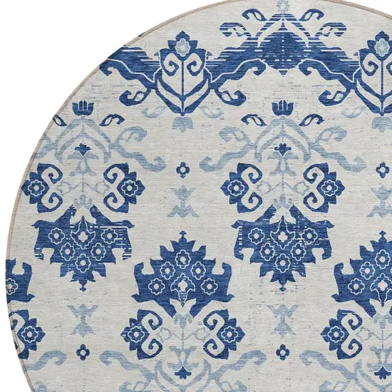 8' Navy Blue Beige And Denim Blue Round Oriental Washable Indoor Outdoor Area Rug Photo 3