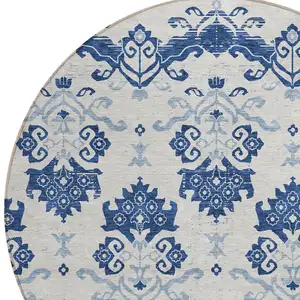 Photo of 8' Navy Blue Beige And Denim Blue Round Oriental Washable Indoor Outdoor Area Rug