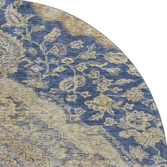 8' Navy Blue Beige And Gray Floral Medallion Washable Round Rug With UV Protection Photo 3