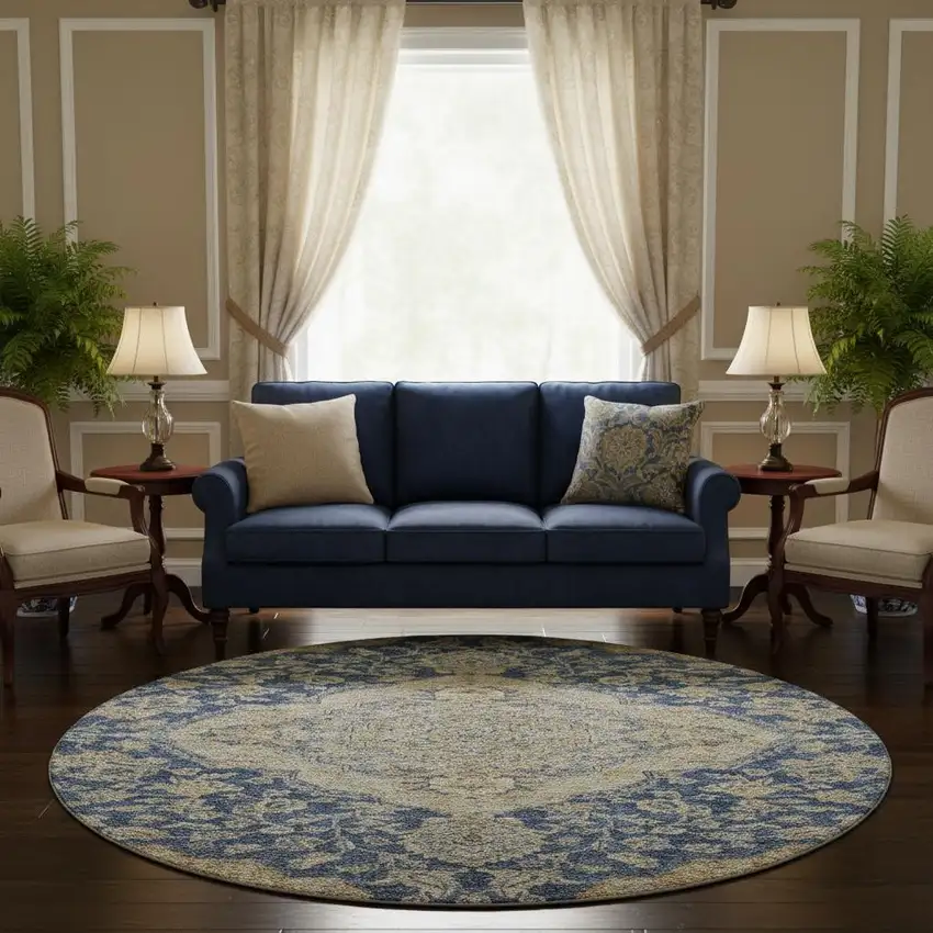 8' Navy Blue Beige And Gray Floral Medallion Washable Round Rug With UV Protection Photo 2