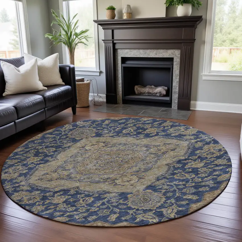 8' Navy Blue Beige And Gray Floral Medallion Washable Round Rug With UV Protection Photo 4