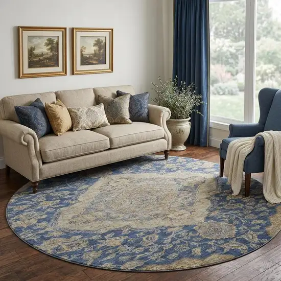 8' Navy Blue Beige And Gray Floral Medallion Washable Round Rug With UV Protection Photo 1
