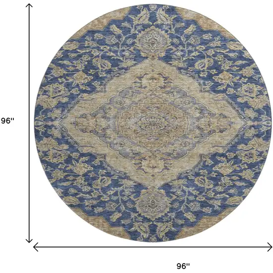 8' Navy Blue Beige And Gray Floral Medallion Washable Round Rug With UV Protection Photo 9