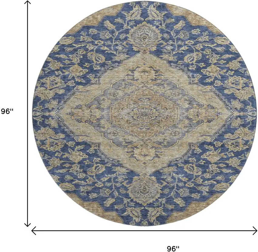 8' Navy Blue Beige And Gray Floral Medallion Washable Round Rug With UV Protection Photo 9