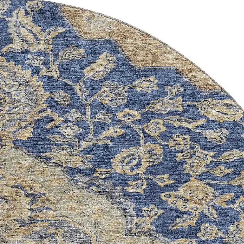 8' Navy Blue Beige And Gray Floral Medallion Washable Round Rug With UV Protection Photo 2