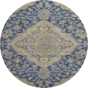 Photo of 8' Navy Blue Beige And Gray Floral Medallion Washable Round Rug With UV Protection