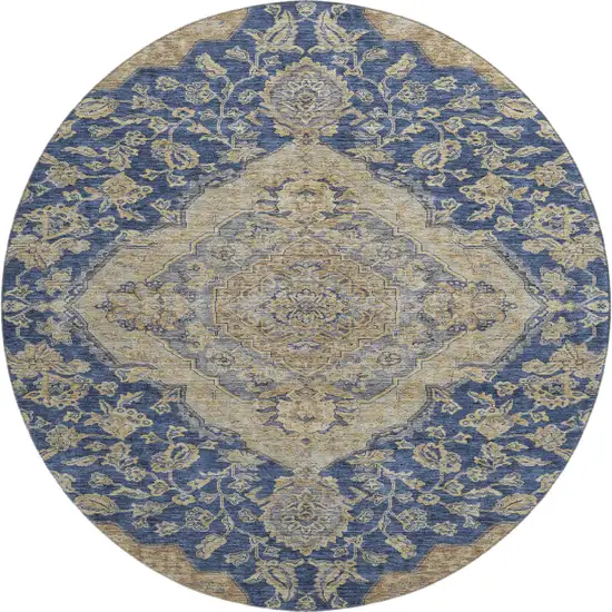 8' Navy Blue Beige And Gray Floral Medallion Washable Round Rug With UV Protection Photo 1